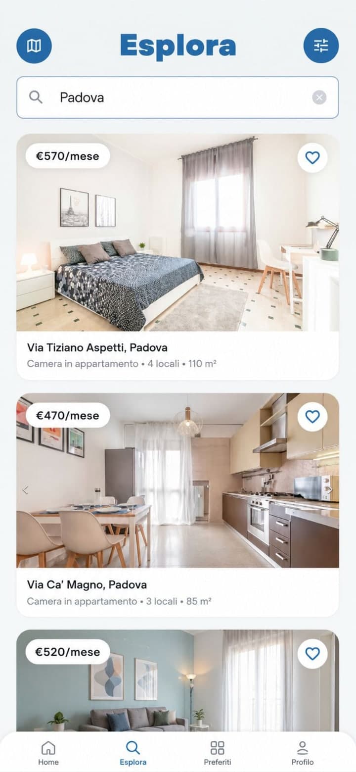 L’app Roome: la schermata Esplora con gli annunci di stanze a Padova.